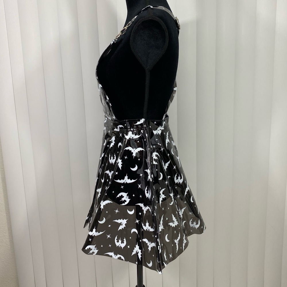 TRICKZ N TREATZ Bat My Lashes Print PVC Vinyl Mini Dress Bat Crescent Moon Black - Picture 2 of 14